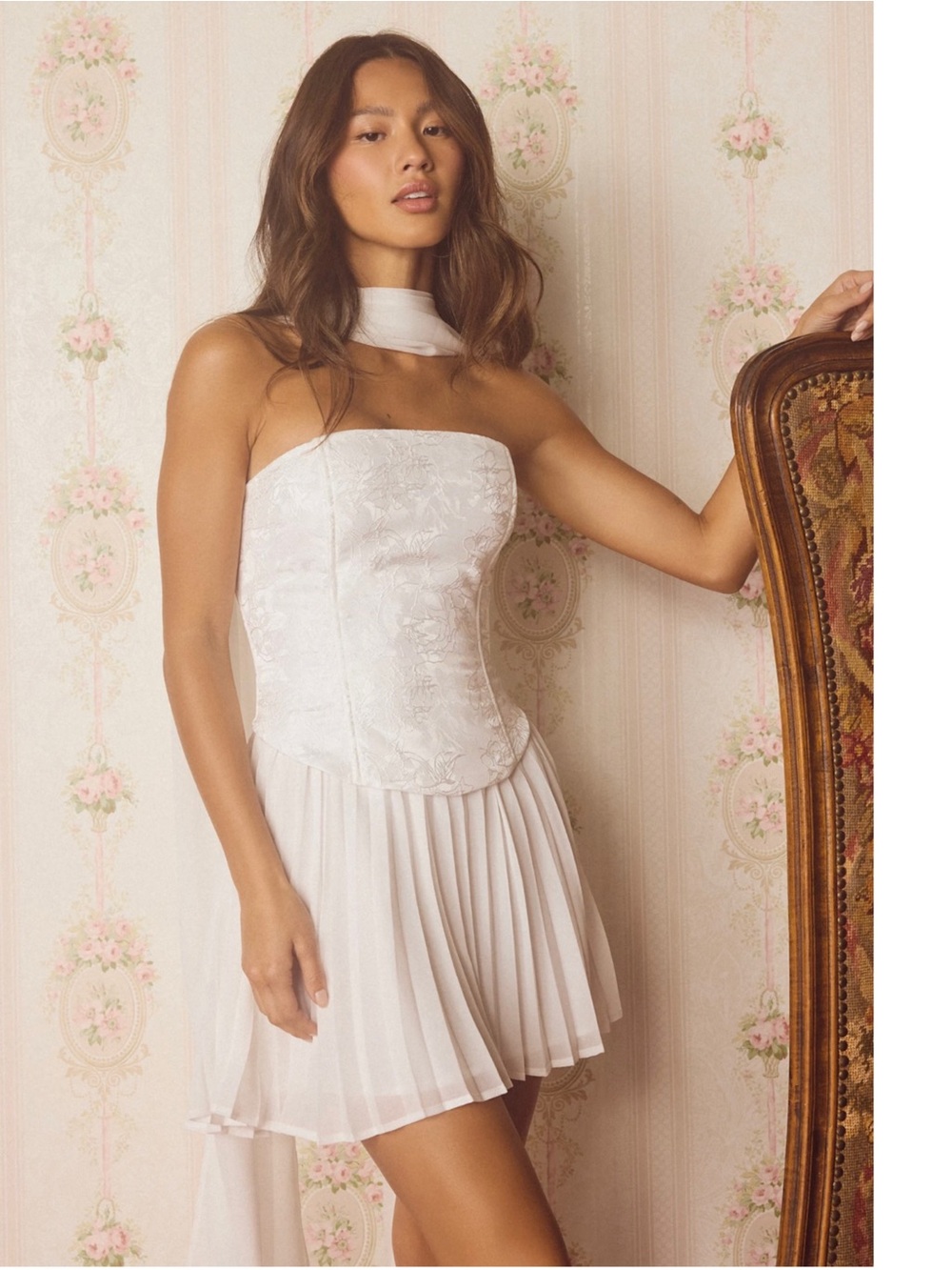 LULUS Satin Strapless Basque Waist Bustier Corset Pleated Skirt Coquette Dress M